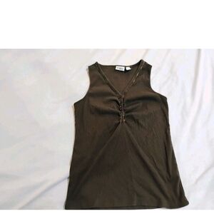 Cato Dark Brown Ribbed Tank Top with Button Detail